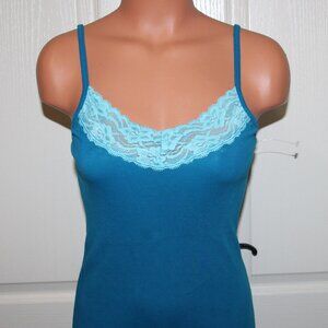 NEW! Michael Stars SM/MED Blue Low Cut Fitted Lace Edged Cami Stretch Tank
